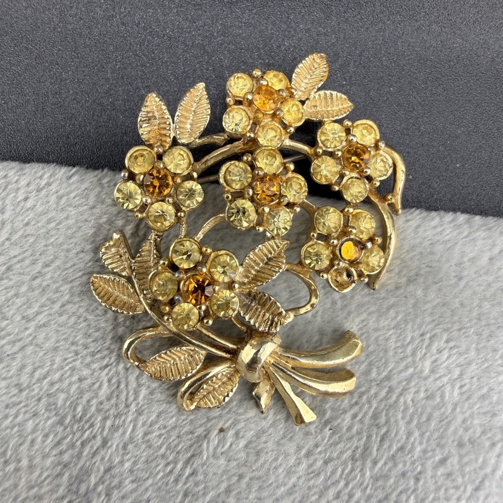 Vintage Coro Brooch Gold Yellow Rhinestone Floral Bouquet 2in